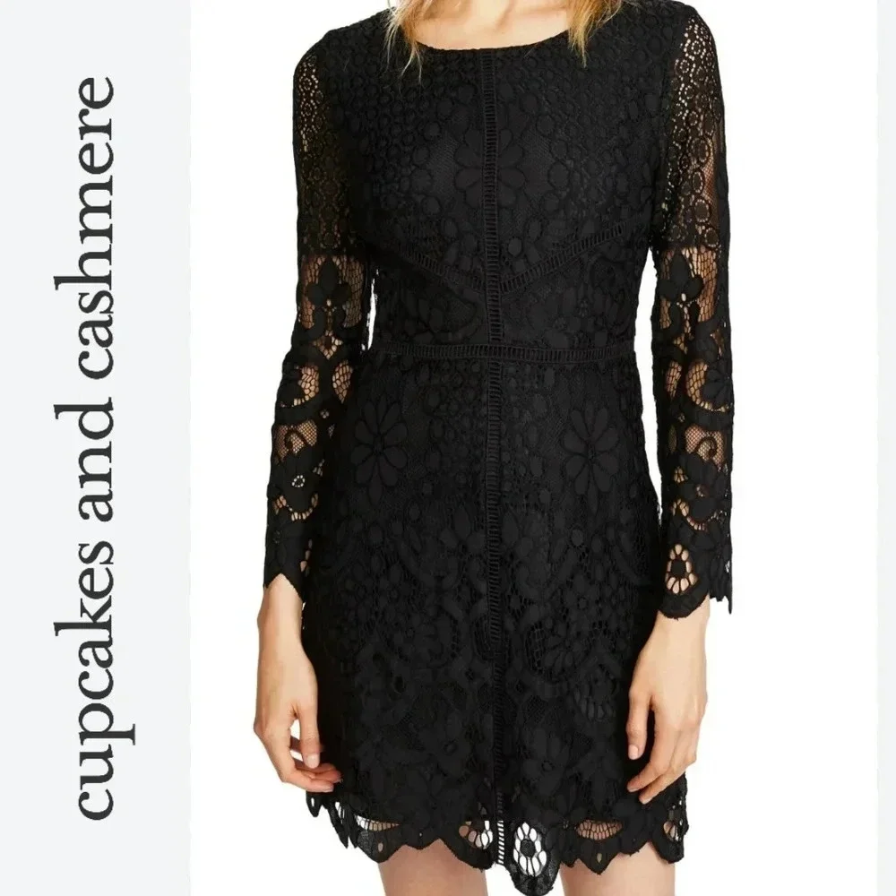 CUPCAKES & CASHMERE Nwt Makenna Black All-Over Lace Dress, Scalloped Hem, 10 - Picture 2 of 16